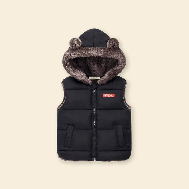 Boys Black Sleeveless Hooded Puffer Vest With Faux-fur Trim Coats & Jackets