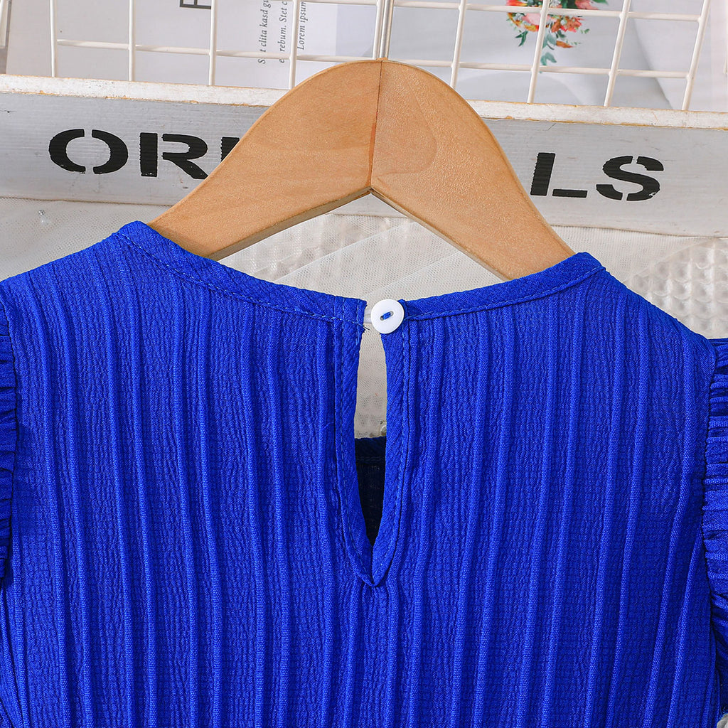 Girls Blue Flutter Sleeves Round Neck Dress Casual Dresses