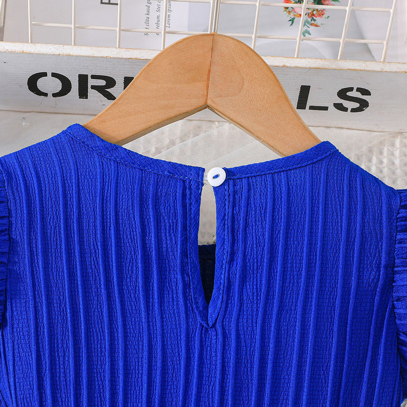 Girls Blue Flutter Sleeves Round Neck Dress Casual Dresses
