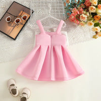 Girls Pink Sleeveless Fit & Flare Party Wear Dress With Embellished Bow Applique Party Dresses