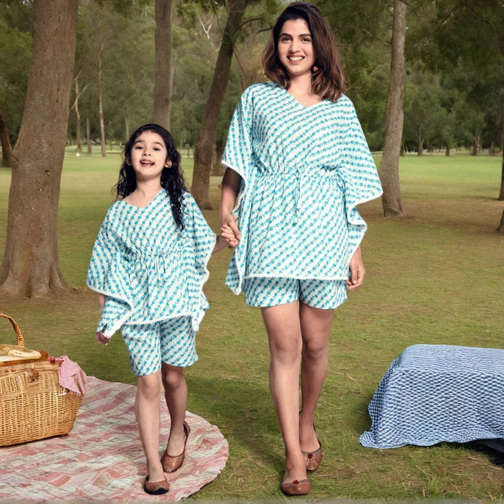 White-Blue Floral Print Kaftan & Shorts Mom & Daughter Set
