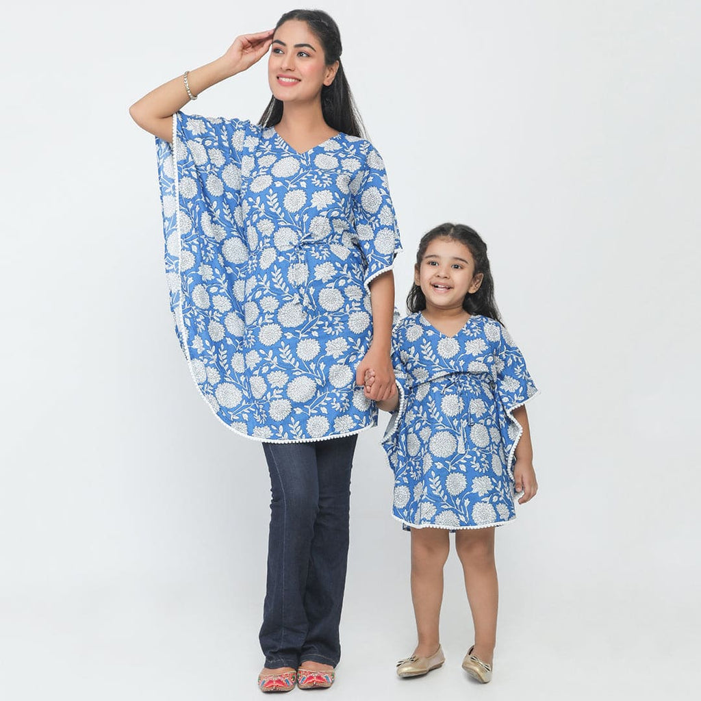 Blue-White Floral Printed Kaftan Mom & Daughter Set