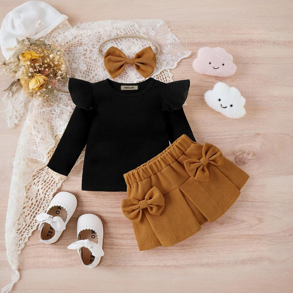 Girls Long Sleeve Top With Skirt & Headband Set Sets Brown 1-2 Y 