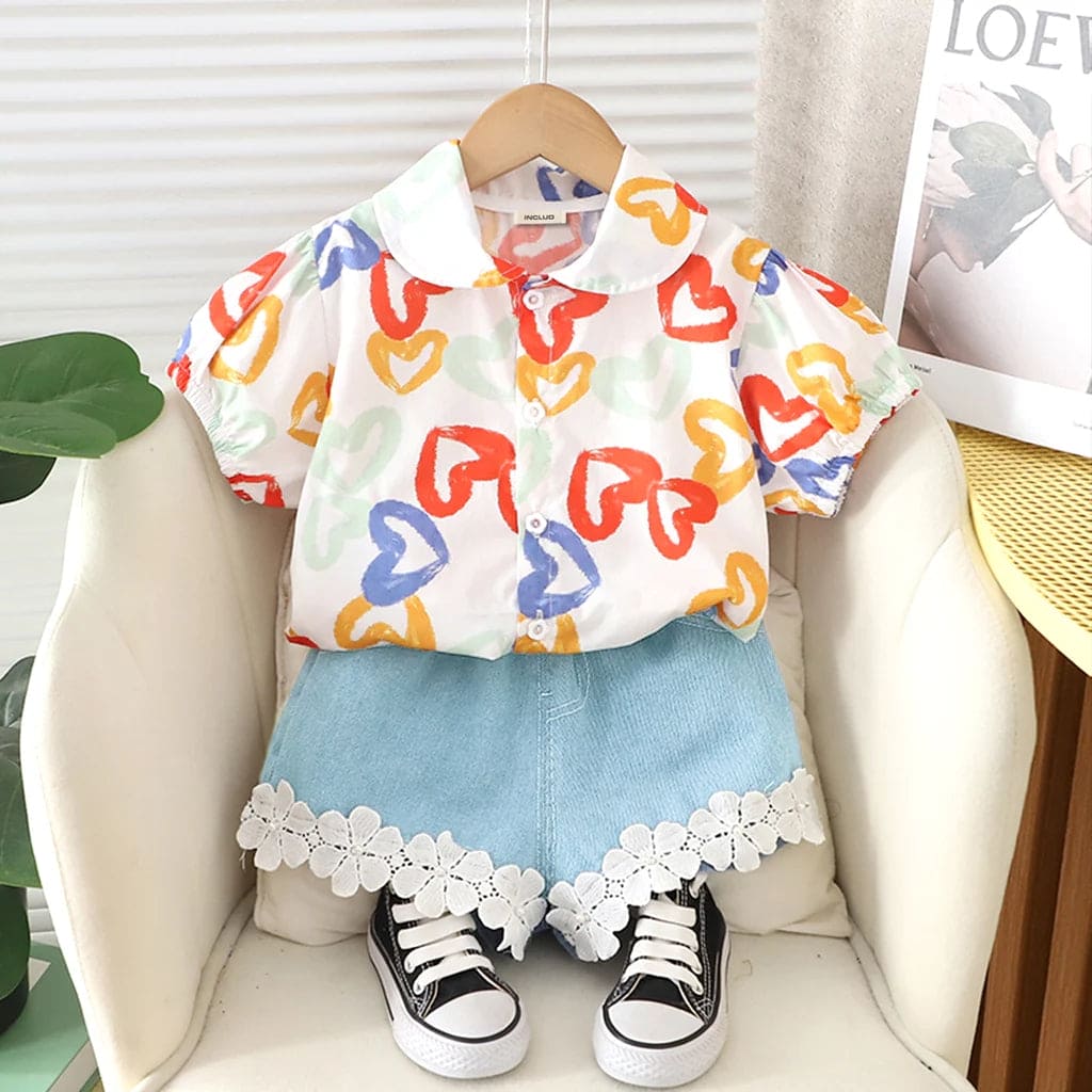 Girls Printed Shirt with Denim Shorts Set Sets White 1-2 Y 