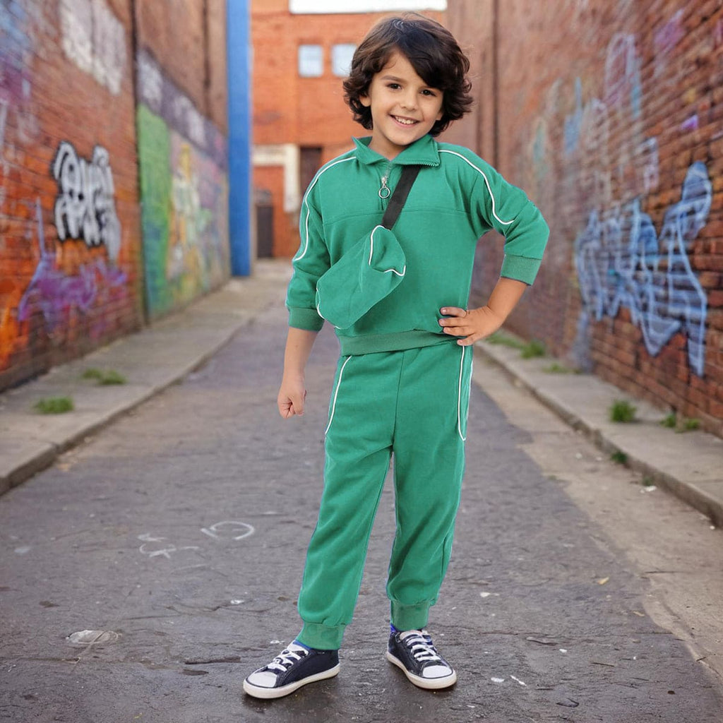 Boys Green Solid Track Suit with Sling Bag Set Sets Green 1-2 Y 