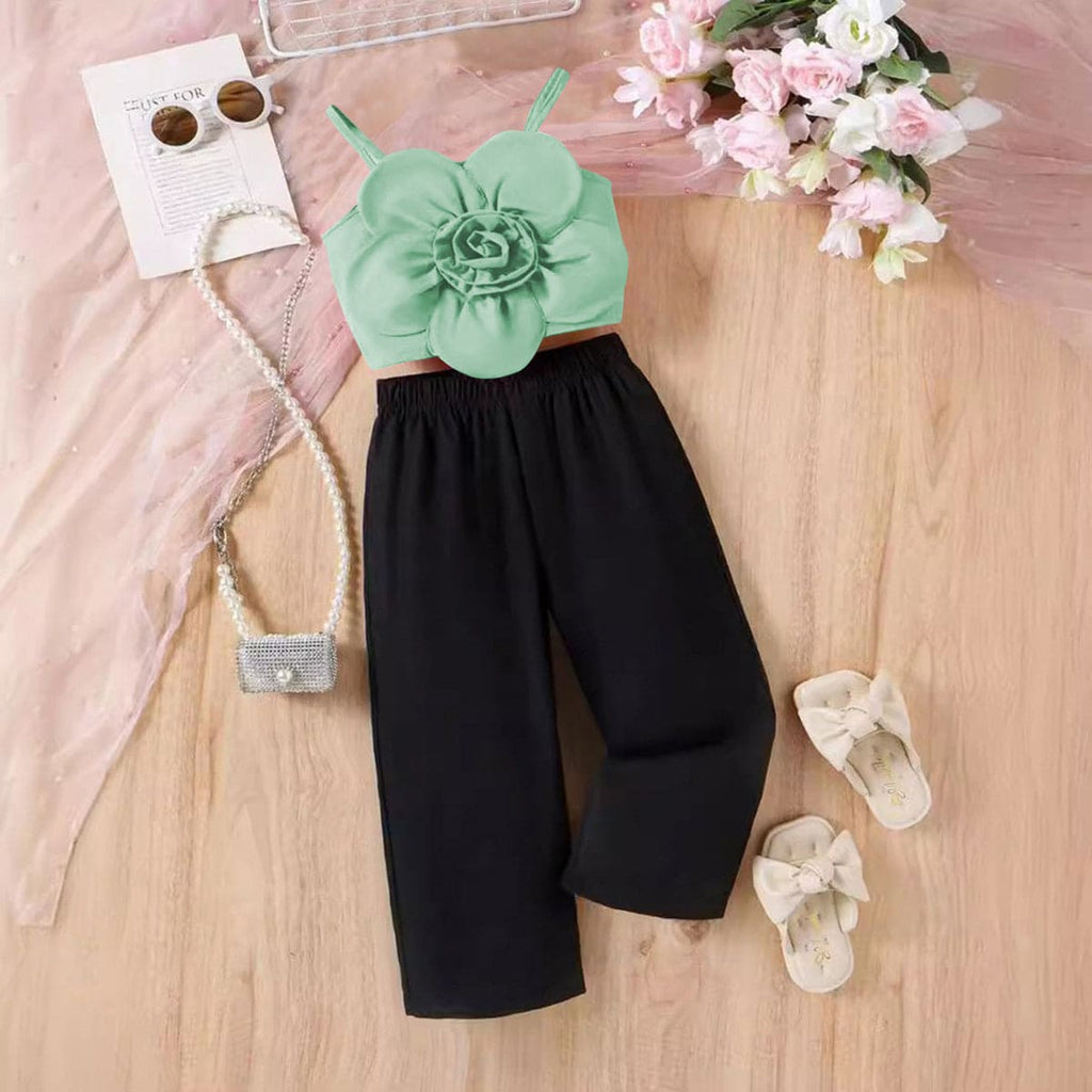 Girls Green Rose Applique Sleeveless Top With Pants Set Sets Green 3-4 Y 