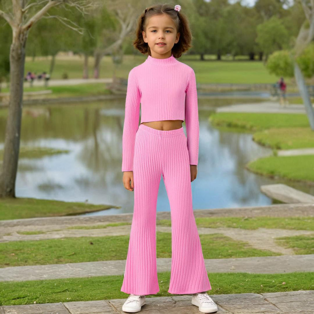 Girls Pink Turtle Neck Pullover with Bellbottoms Set Sets Pink 8-9 Y 