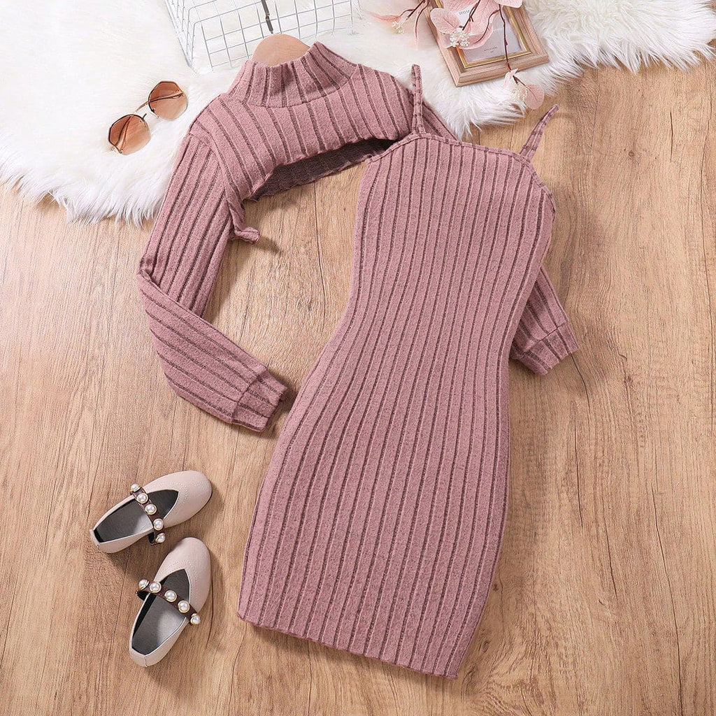 Girls Pink Strappy Dress with Turtle Neck Full Sleeves Crop Top Casual Dresses Pink 8-9 Y 