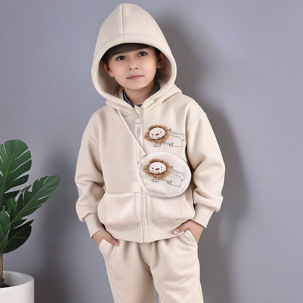 Boys Hooded Sweatshirt with Joggers Set with Sling Winterwear Sets Beige 1-2 Y