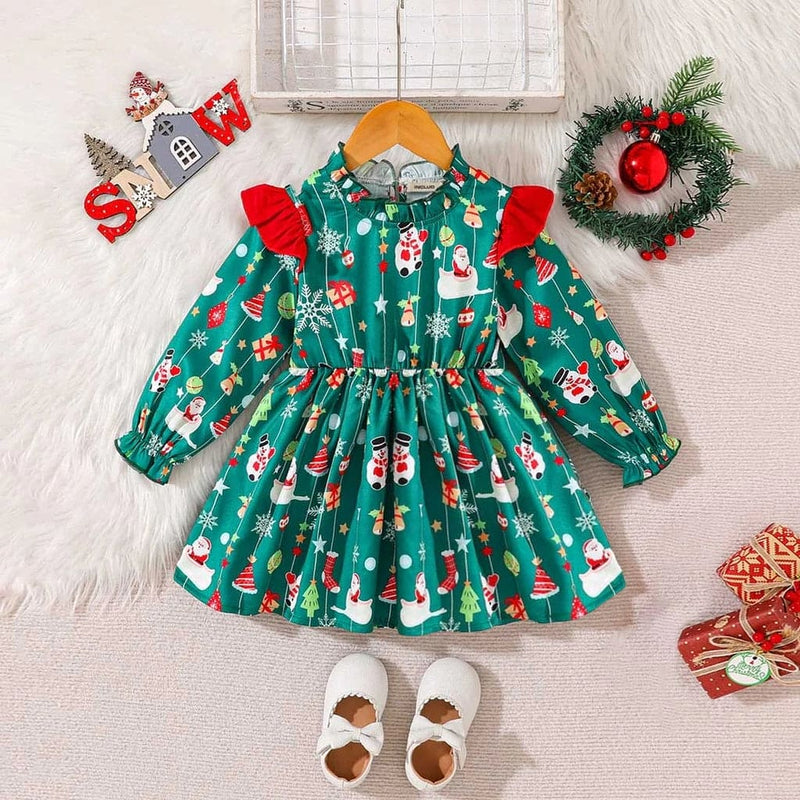 Girls Green Christmas Print Fit & Flare Casual Dress Casual Dresses Green 18-24 M