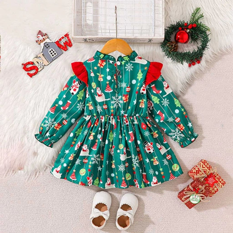 Girls Green Christmas Print Fit & Flare Casual Dress Casual Dresses
