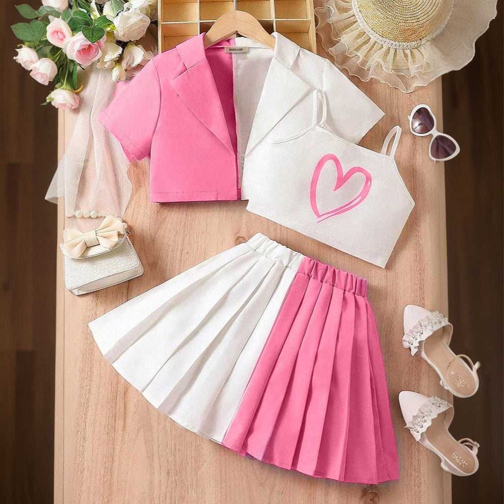 Girls Colorblocked Shirt With Camisole Top & Pleated Skirt Set Sets Pink 5-6 Y