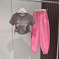 Girls Pearl Heart Short Sleeve Top With Elasticated Joggers 2 pc. Sets Pink 4-5 Y