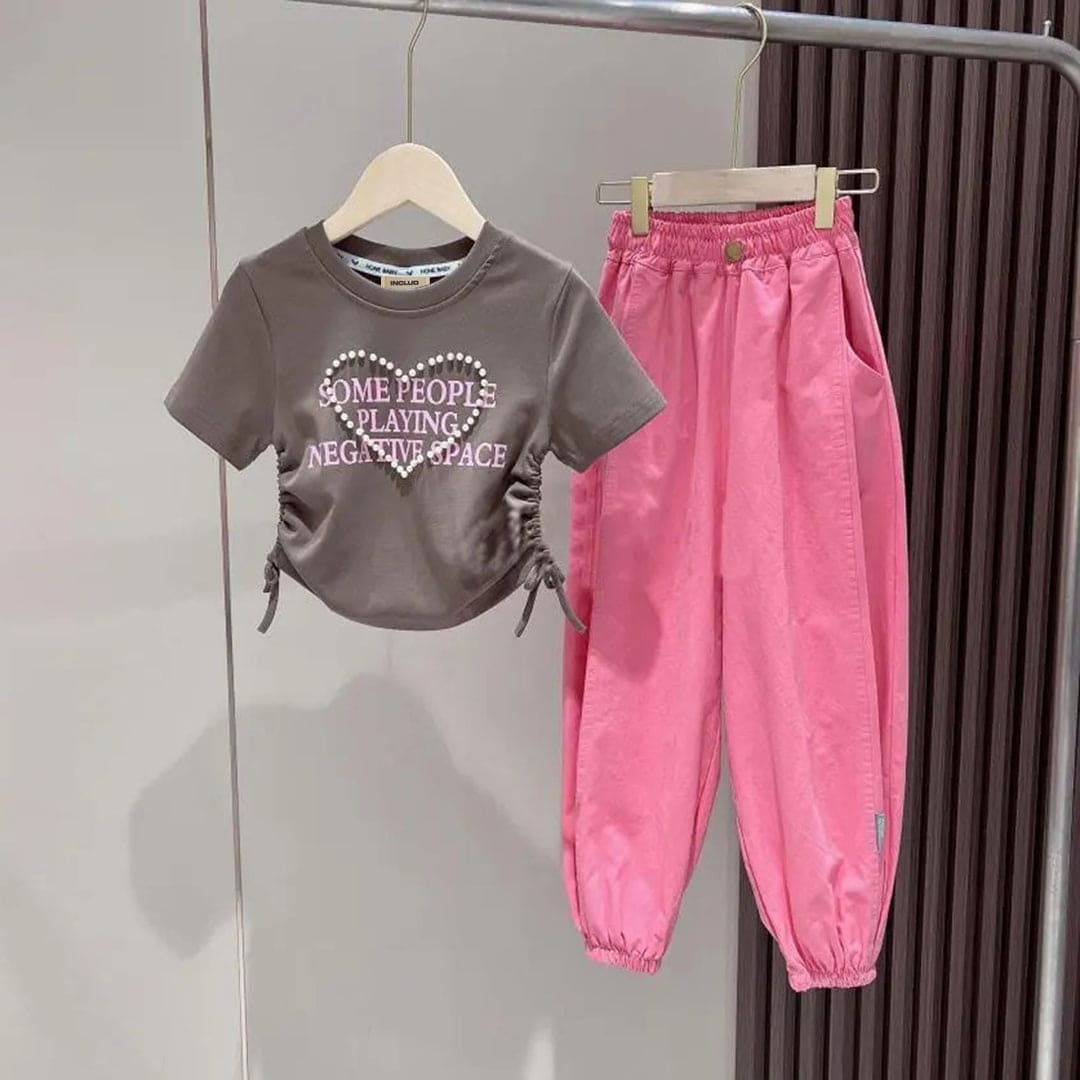 Girls Pearl Heart Short Sleeve Top With Elasticated Joggers 2 pc. Sets Pink 4-5 Y