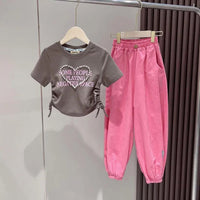 Girls Pearl Heart Short Sleeve Top With Elasticated Joggers 2 pc. Sets Pink 4-5 Y