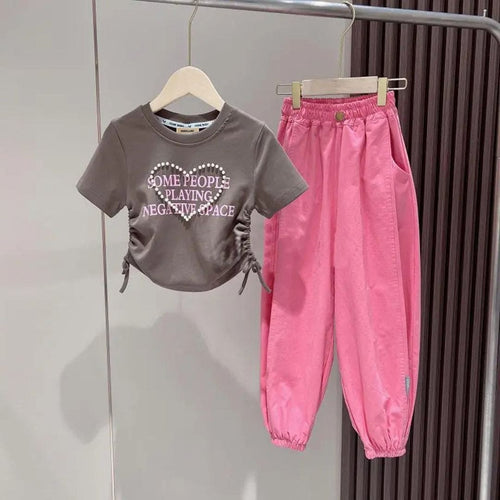 Girls Pearl Heart Short Sleeve Top With Elasticated Joggers 2 pc. Sets Pink 4-5 Y