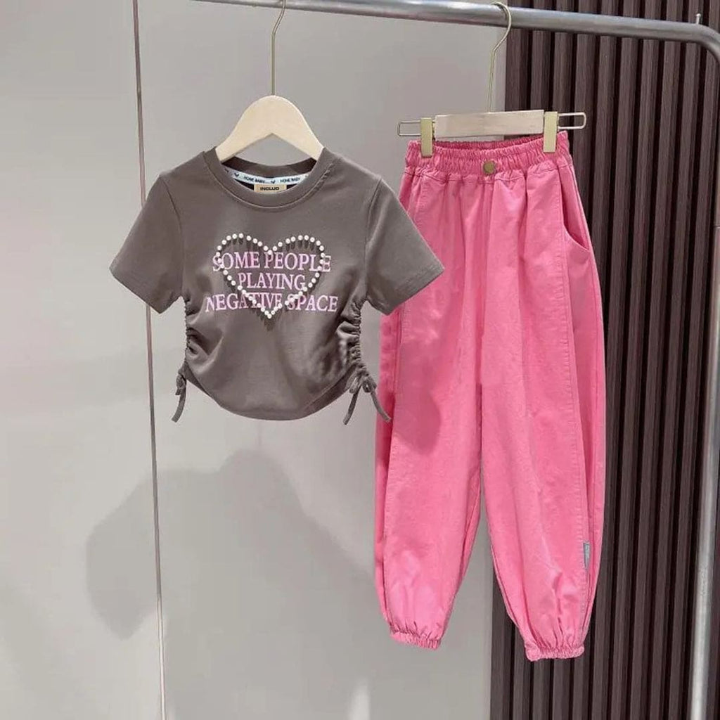 Girls Pearl Heart Short Sleeve Top With Elasticated Joggers 2 pc. Sets Pink 4-5 Y