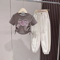 Girls Pearl Heart Short Sleeve Top With Elasticated Joggers 2 pc. Sets Brown 4-5 Y