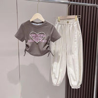 Girls Pearl Heart Short Sleeve Top With Elasticated Joggers 2 pc. Sets Brown 4-5 Y