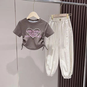 Girls Pearl Heart Short Sleeve Top With Elasticated Joggers 2 pc. Sets Brown 4-5 Y
