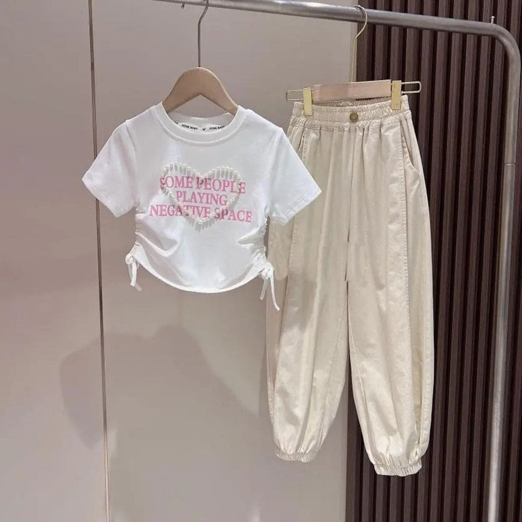 Girls Pearl Heart Short Sleeve Top With Elasticated Joggers 2 pc. Sets Beige 4-5 Y