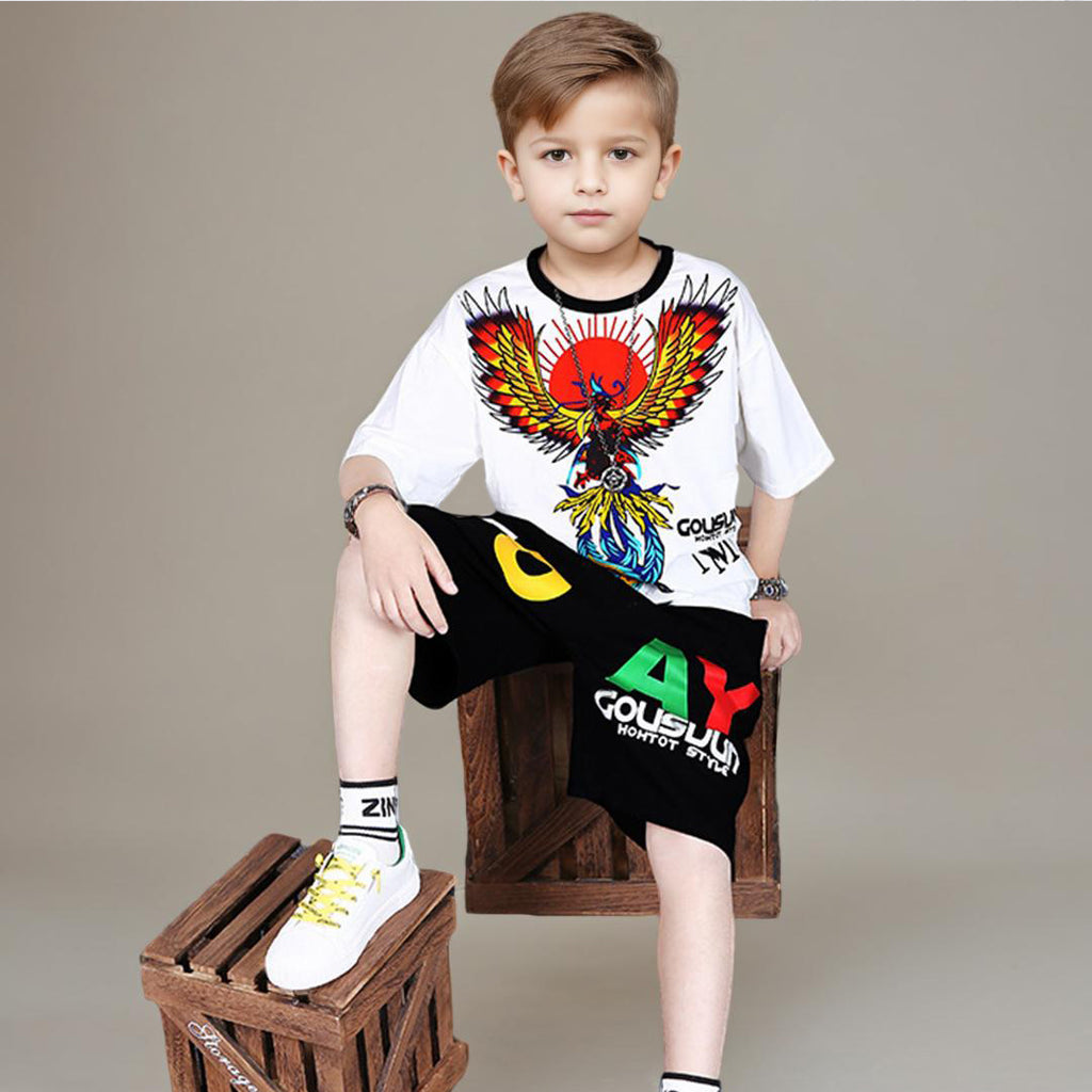 Boys White Graphic T-Shirt With Graphic Shorts Sets