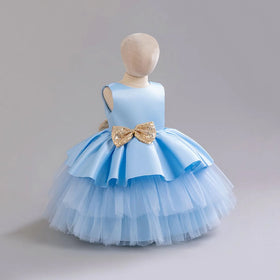 Girls Sky Blue Tulle Princess Partywear Dress With Glitter Bow Party Dresses