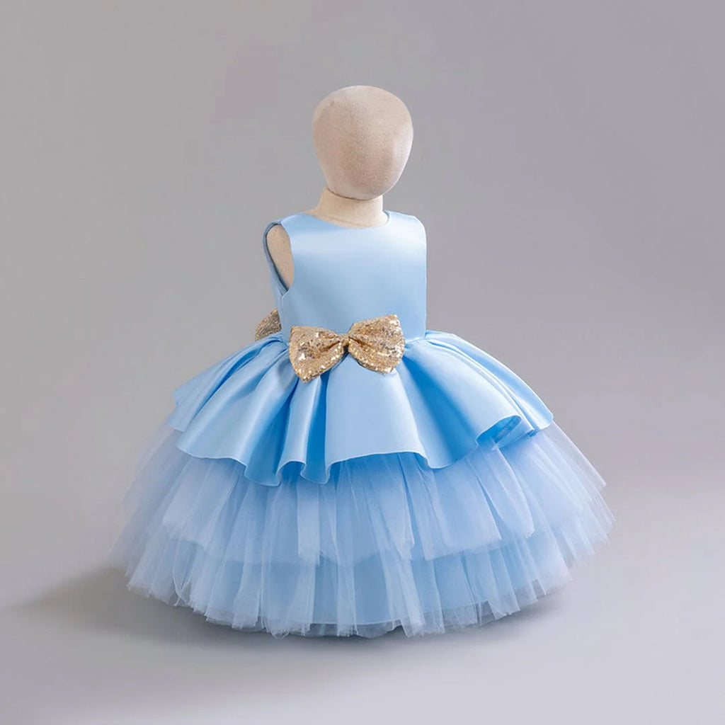 Girls Sky Blue Tulle Princess Partywear Dress With Glitter Bow Party Dresses