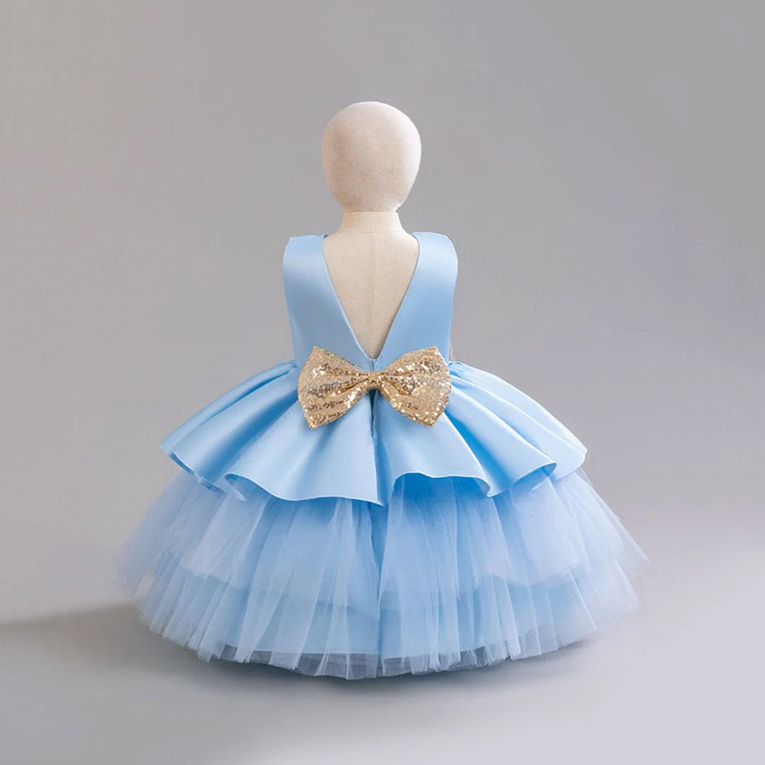 Girls Sky Blue Tulle Princess Partywear Dress With Glitter Bow Party Dresses