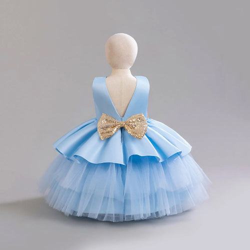Girls Sky Blue Tulle Princess Partywear Dress With Glitter Bow Party Dresses