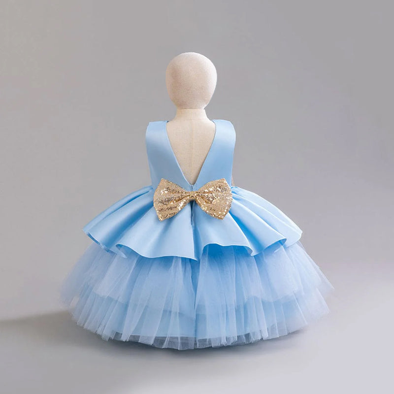 Girls Sky Blue Tulle Princess Partywear Dress With Glitter Bow Party Dresses