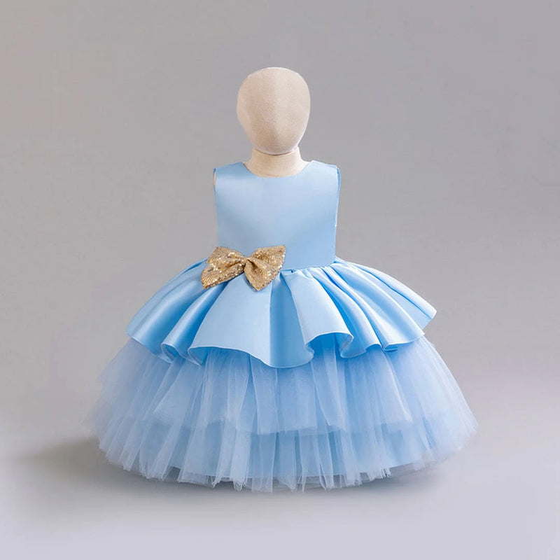 Girls Sky Blue Tulle Princess Partywear Dress With Glitter Bow Party Dresses Sky Blue 1-2 Y