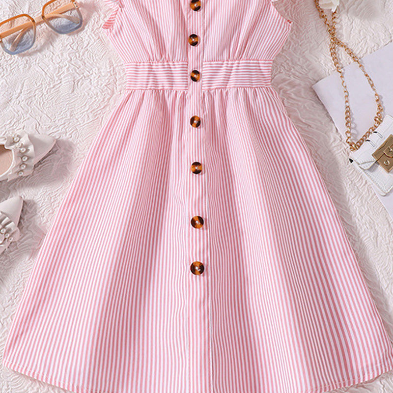 Girls Pink Striped Flutter Sleeves Front Buttoned Fit & Flare Dress Casual Dresses