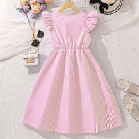 Girls Pink Striped Flutter Sleeves Front Buttoned Fit & Flare Dress Casual Dresses