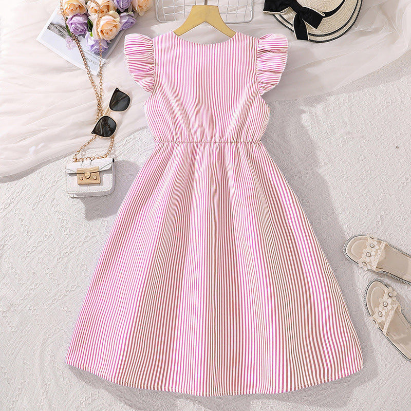 Girls Pink Striped Flutter Sleeves Front Buttoned Fit & Flare Dress Casual Dresses