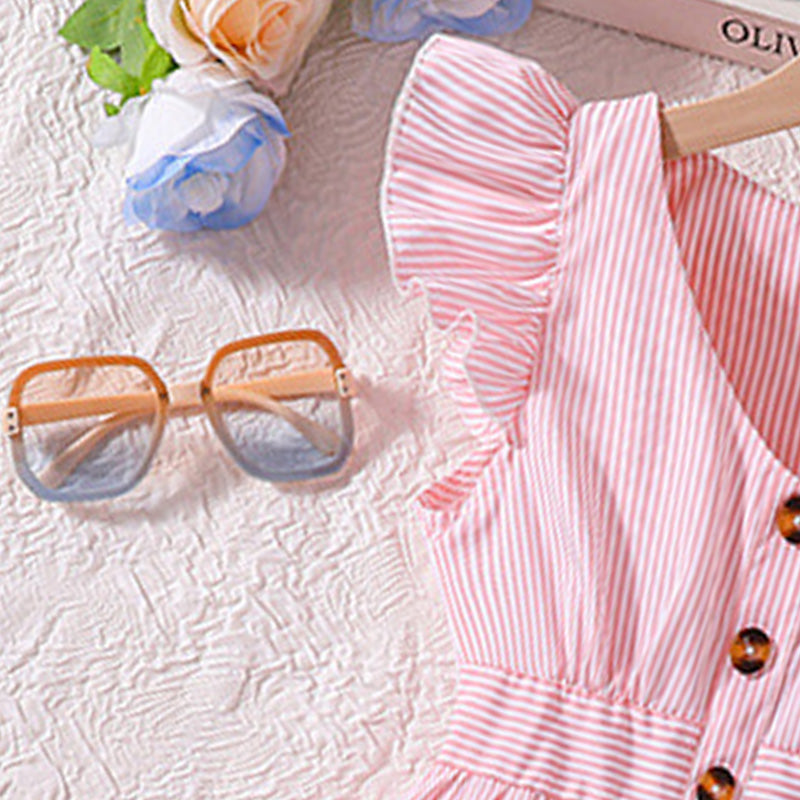 Girls Pink Striped Flutter Sleeves Front Buttoned Fit & Flare Dress Casual Dresses