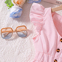Girls Pink Striped Flutter Sleeves Front Buttoned Fit & Flare Dress Casual Dresses