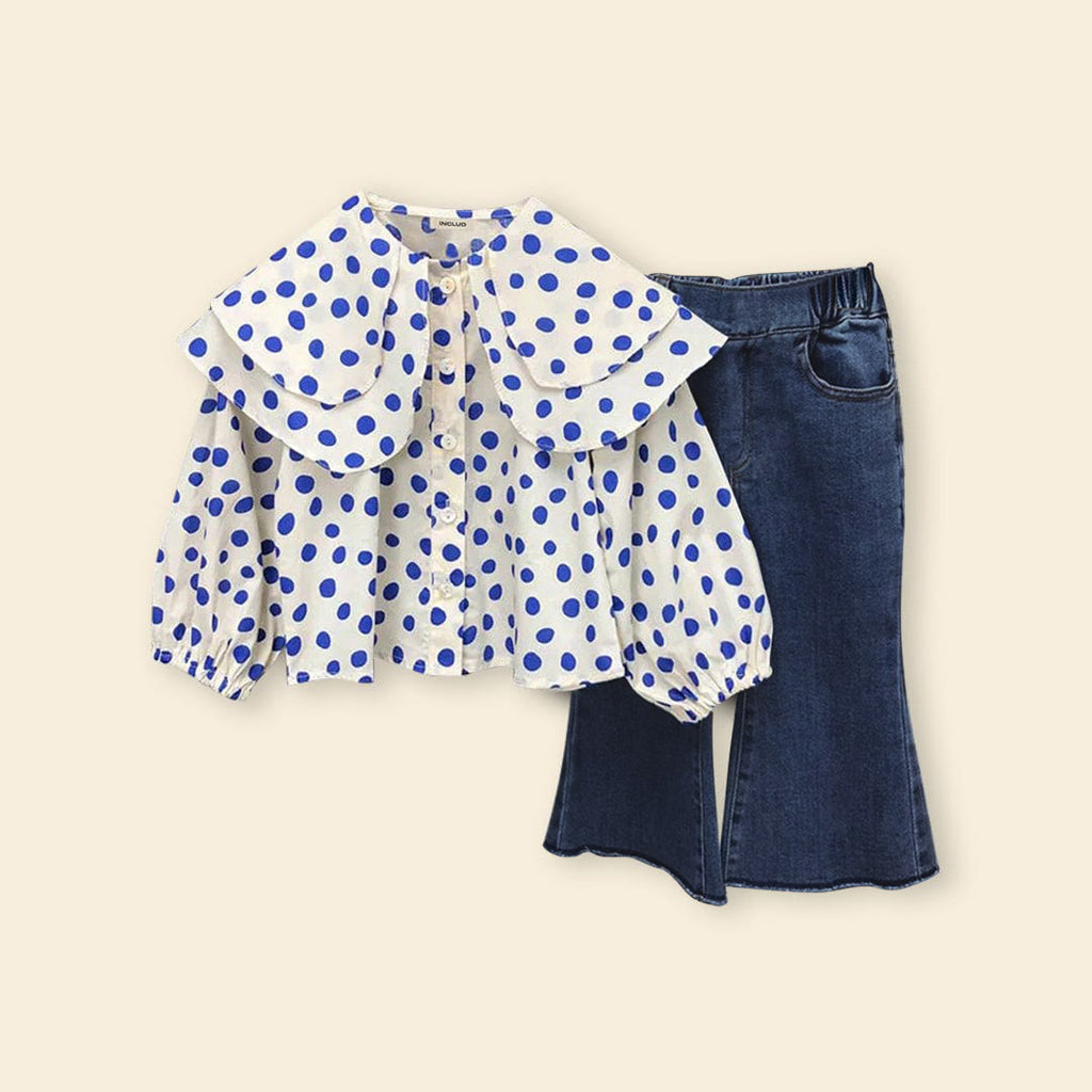Girls Long Sleeve Polka Dots Print Top With Denim Pants Sets