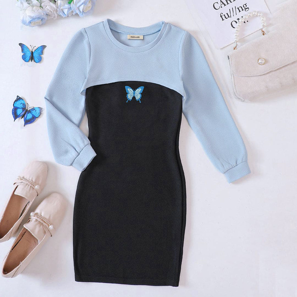 Girls Bodycon Dress with Blue Crop Top Casual Dresses
