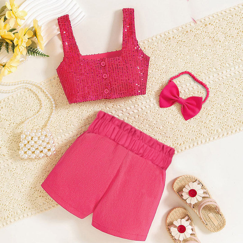 Girls Sequins Sleeveless Top With Shorts & Belt Set Sets