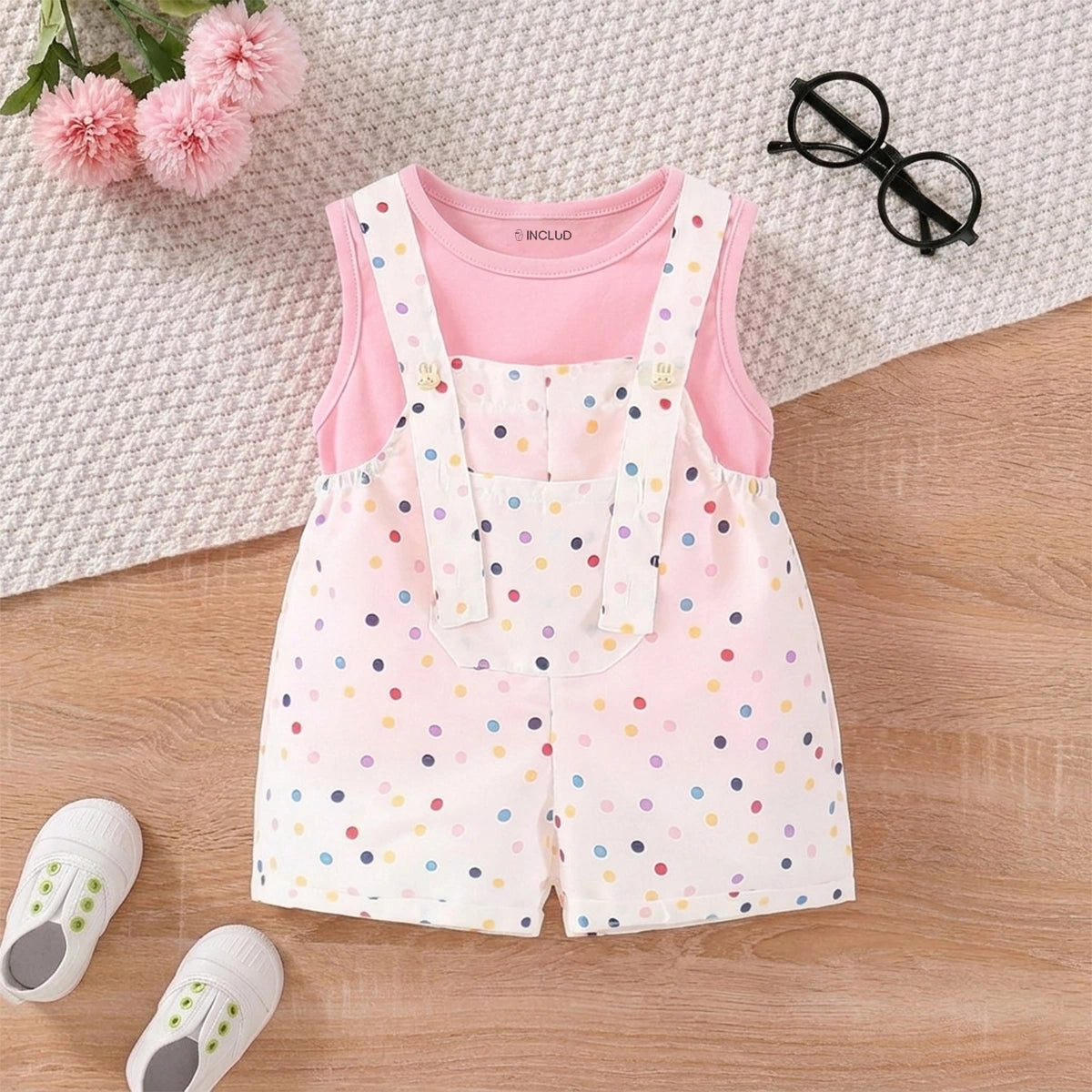 Girls Pink Round Neck Sleeveless Top With Polka Dot Dungaree Sets Sets Pink 1-2 Y