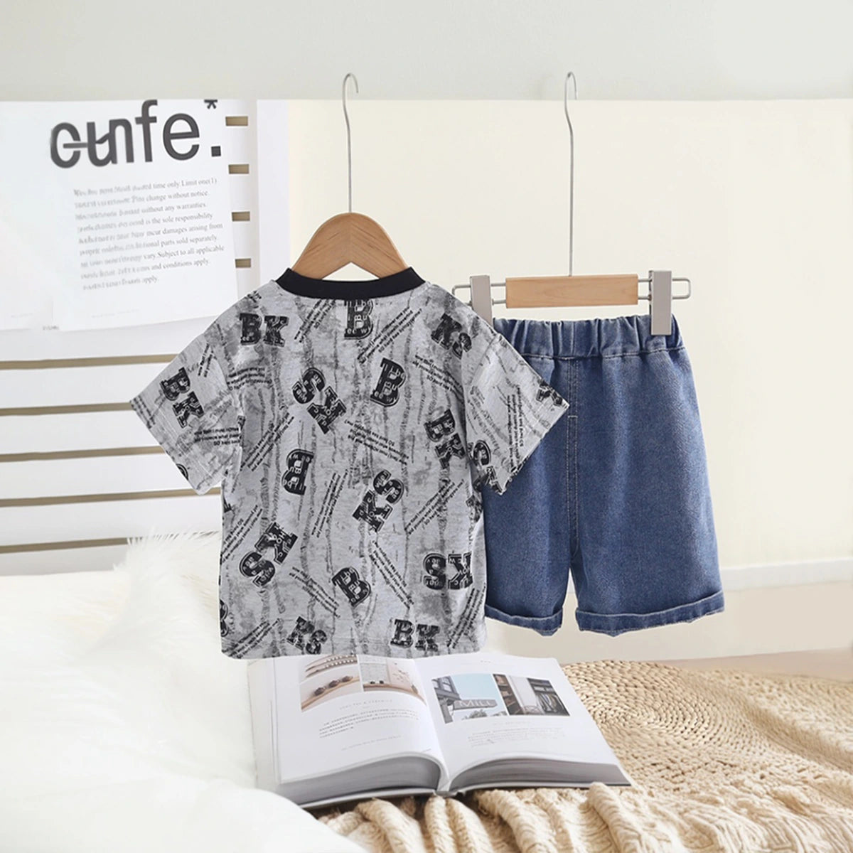 Boys Grey Typographic Print T-Shirt With Denim Shorts Set Sets