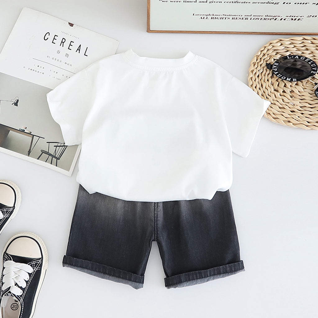 Boys White Printed Short Sleeves T-Shirt With Denim Shorts Set 2 pc. Sets