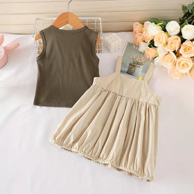 Girls Beige Solid Pinafore Dress With Sleeveless Inner Top Casual Dresses
