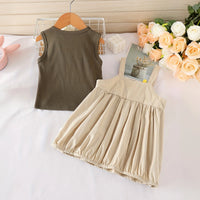 Girls Beige Solid Pinafore Dress With Sleeveless Inner Top Casual Dresses