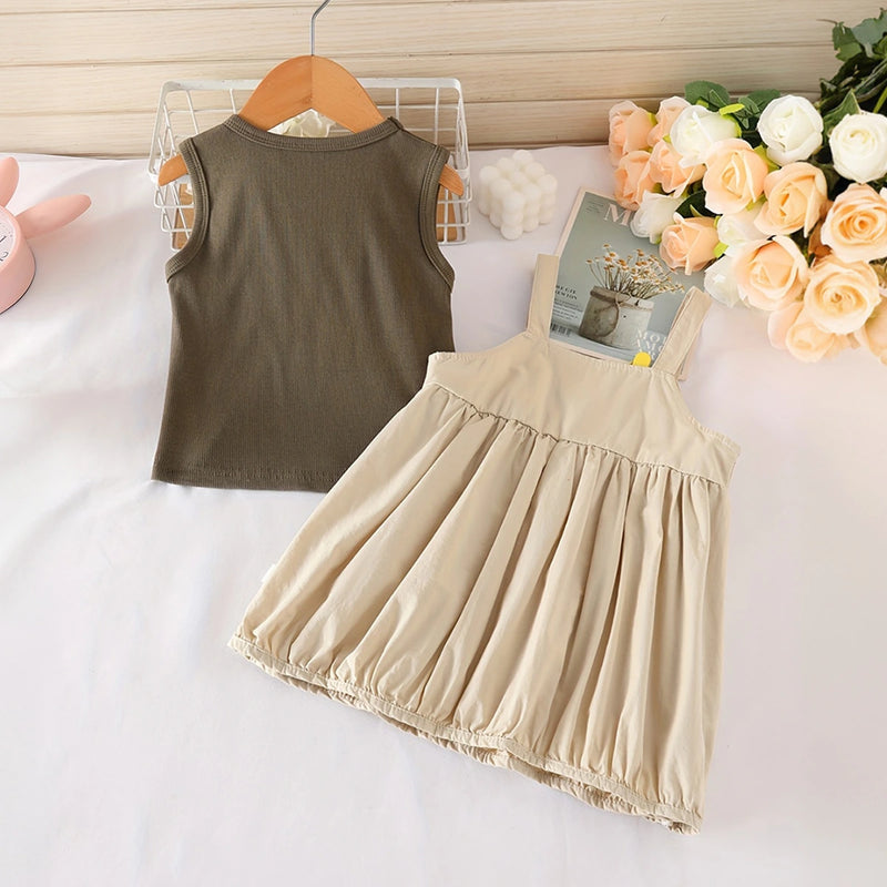 Girls Beige Solid Pinafore Dress With Sleeveless Inner Top Casual Dresses