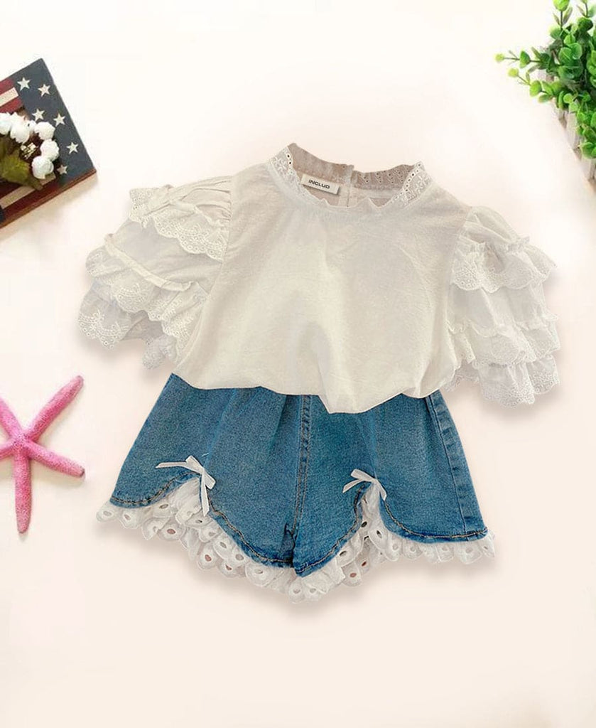 Girls Frill Top with Denim Shorts