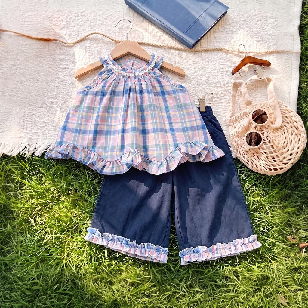 Girls Blue Checked Sleeveless Top With Pants Sets 2 pc. Sets Blue 1-2 Y