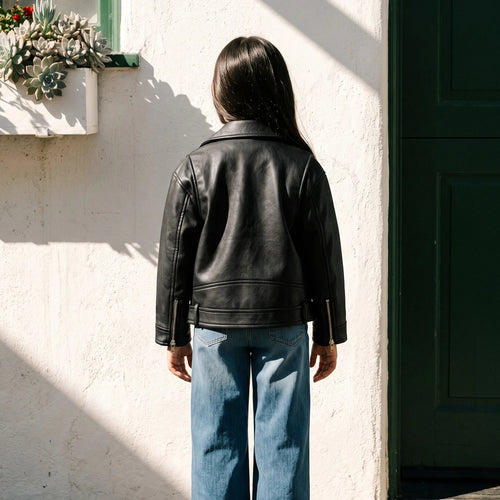 Girls Black Lapel Collar Faux Leather Jackets Coats & Jackets