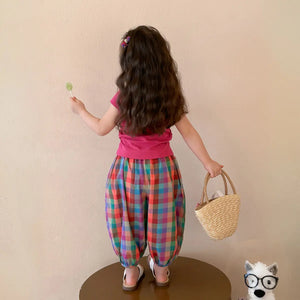 Girls Fuchsia Cape Sleeve Top With Checked Pants Sets Sets